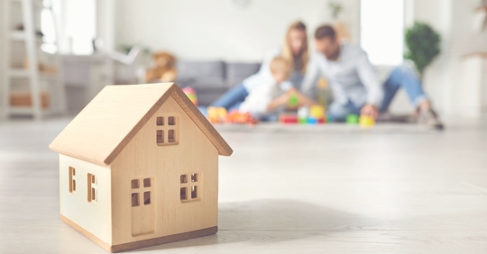 a tiny wooden house with a family in the background